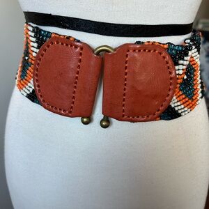 Beaded Geometric, boho belt, leather , brass finish